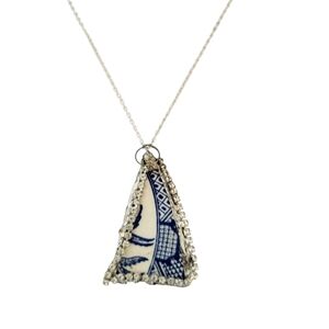 Blue Willow Broken China Triangle Clear Crystal Necklace